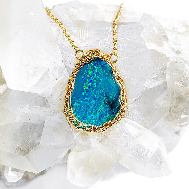 14 Karat Gold Medium Teardrop Boulder Opal Necklace
