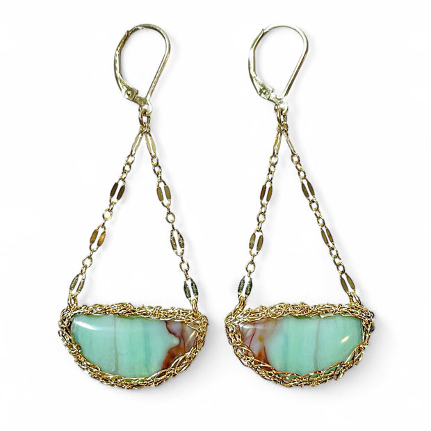 Petrified Opalized Wood Swing Earrings in Gold