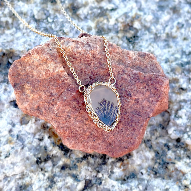 Small Dendritic Agate Reverse Teardrop Necklace In Gold