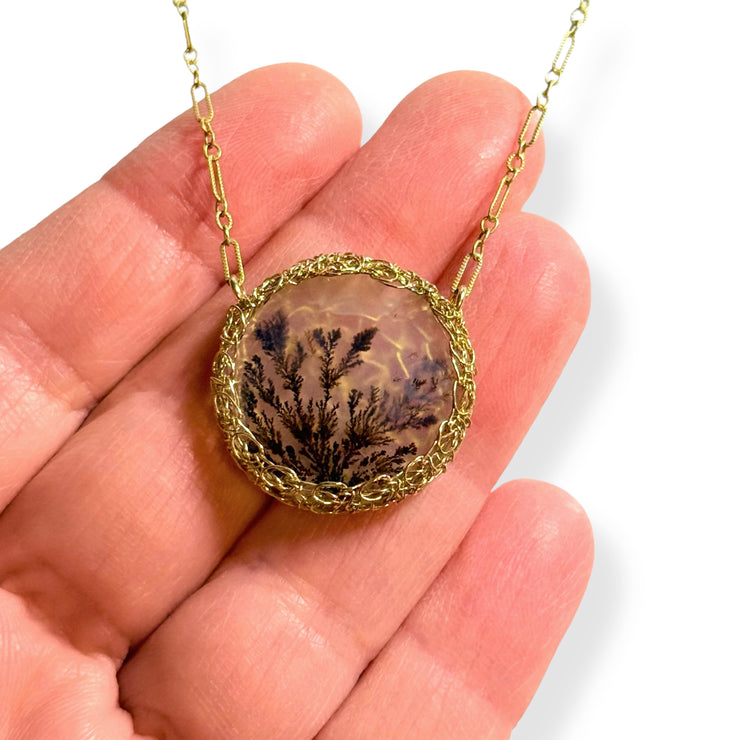 Full Moon Dendritic Agate Necklace In Gold