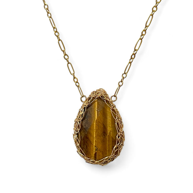 Tiger’s Eye Large Teardrop Necklace In Gold