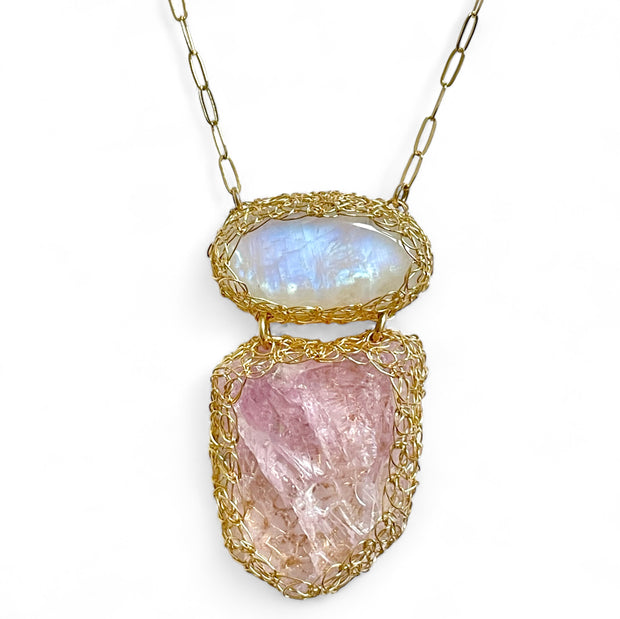 Moonstone and Kunzite Double Necklace in Gold