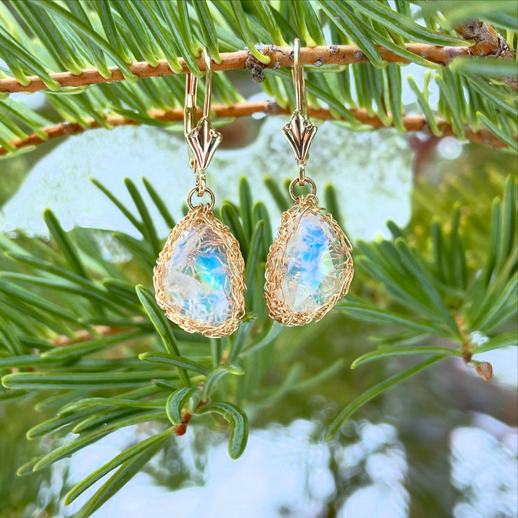 14kt Gold Rainbow Moonstone Earrings