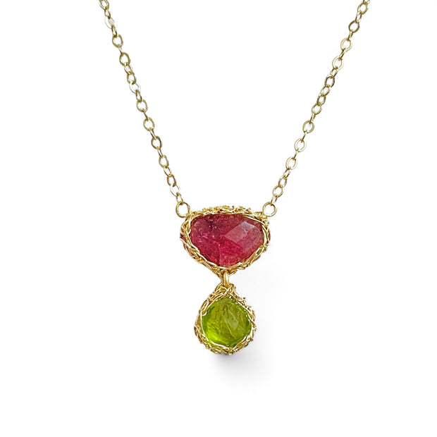 Rubellite Tourmaline and Peridot Drop Necklace In Gold