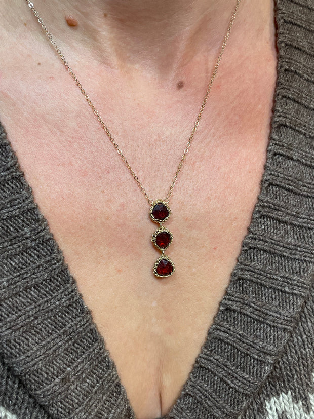 Garnet Trinity Drop Necklace in gold
