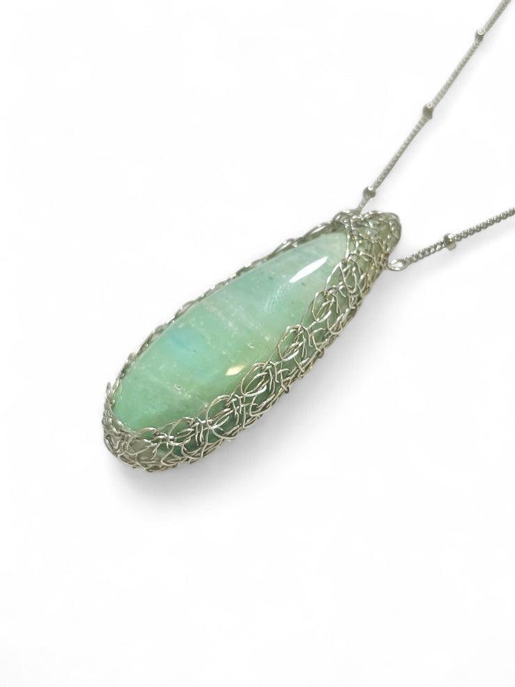 Petrified Opalized Wood Teardrop Necklace in Silver