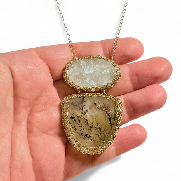 Quartz Druzy & Dendritic Quartz  Necklace In Gold