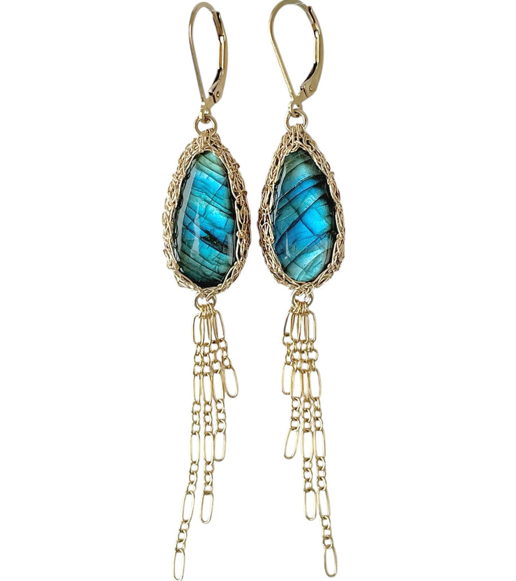 Labradorite Tassel Earrings In Gold