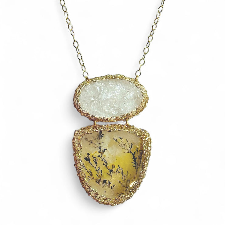 Quartz Druzy & Dendritic Quartz  Necklace In Gold