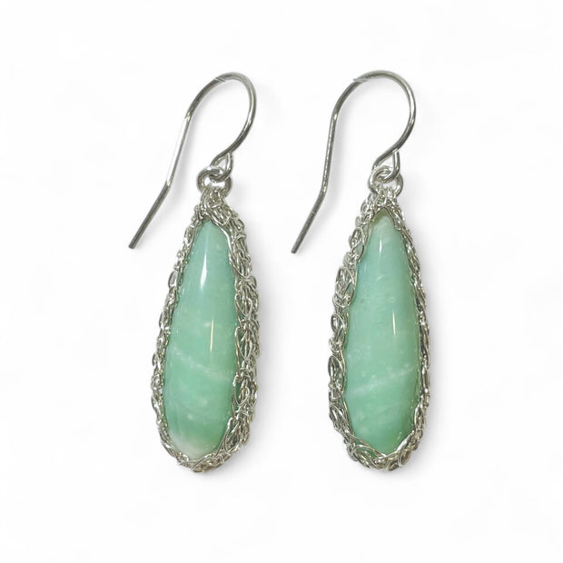 Petrified Opalized Wood Teardrop Earrings in Silver