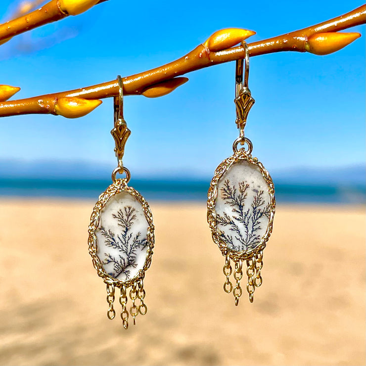 Oval Dendritic Agate Earrings In Gold