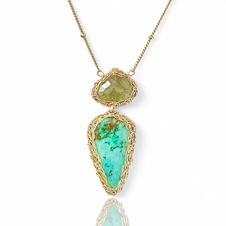 Green Tourmaline and Turquoise Necklace In Gold