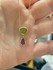 Peridot and Rubellite Tourmaline Drop Necklace In Gold