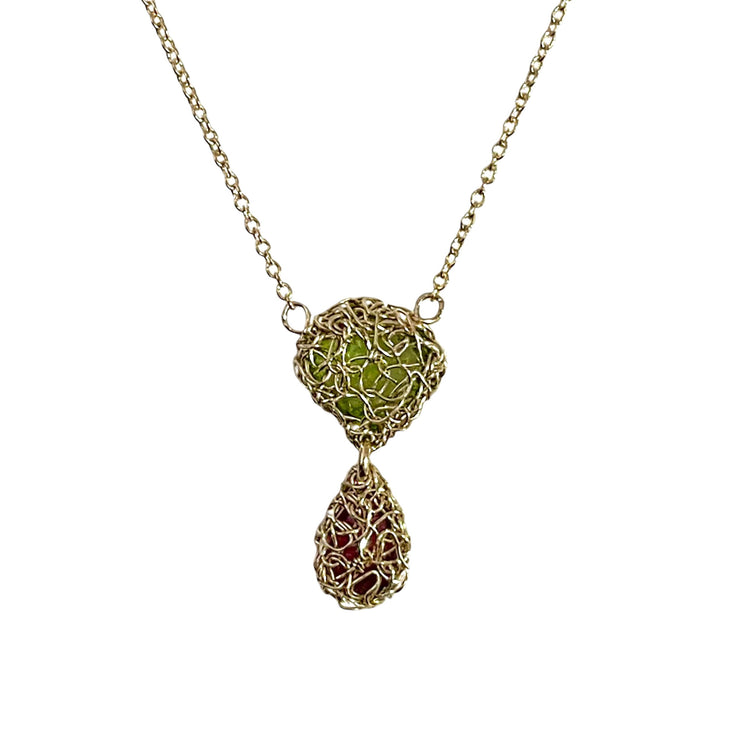 Peridot and Rubellite Tourmaline Drop Necklace In Gold