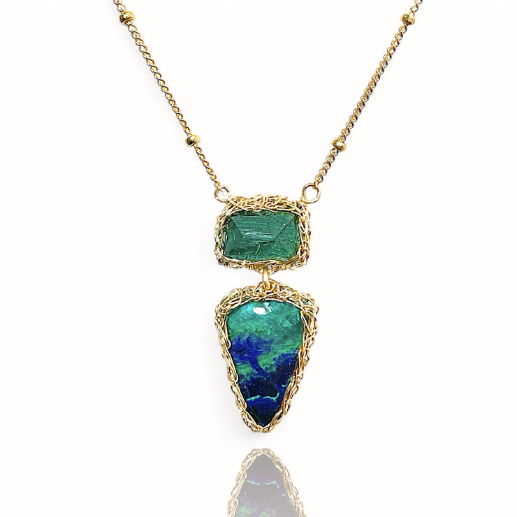 Indicolite Tourmaline and Malachite/Azurite Necklace In Gold