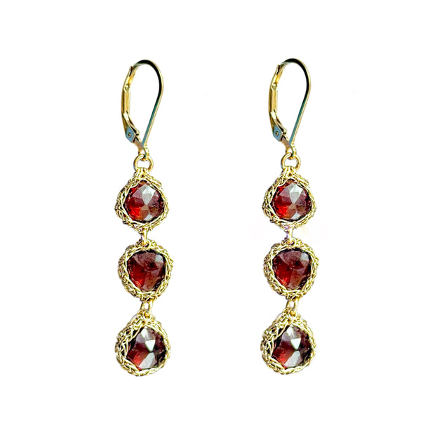 Garnet Trinity Drop Earrings in Gold