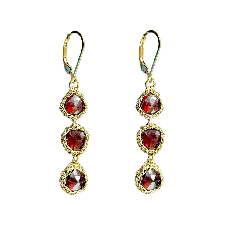 Garnet Trinity Drop Earrings in Gold
