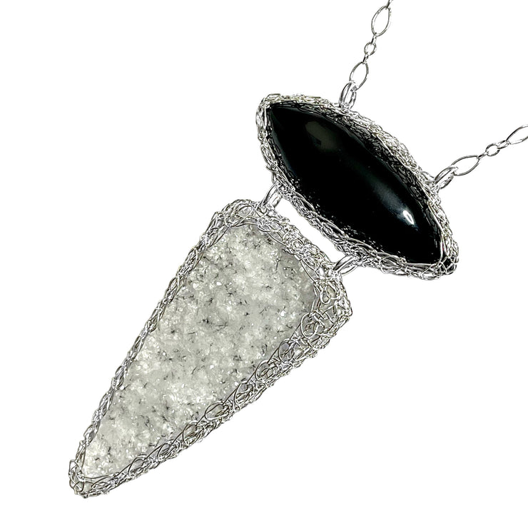 Black Onyx & Snowflake Druzy Necklace In Silver