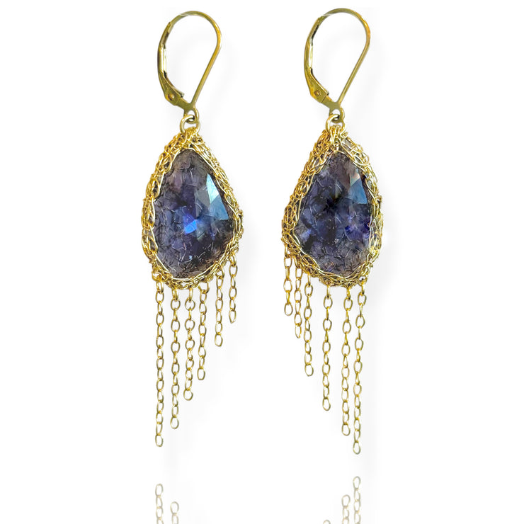 Iolite Tassel Earrings in Gold