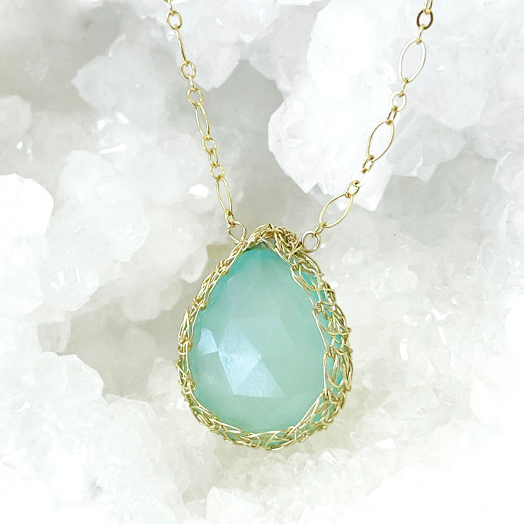 Aqua Chalcedony Large Teardrop Necklace In Gold