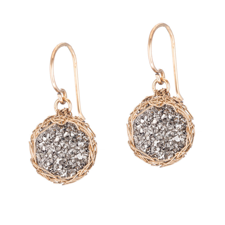 Titanium Small Round Druzy Dangle Earrings in Gold