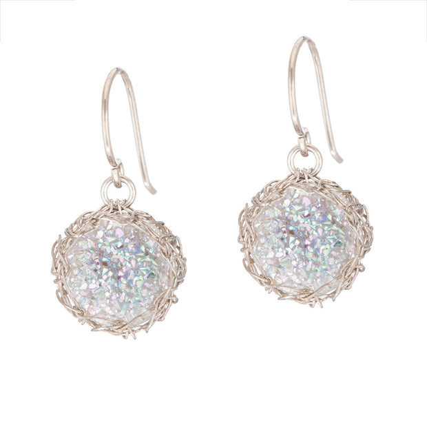 White Small Round Druzy Dangle Earrings in Silver