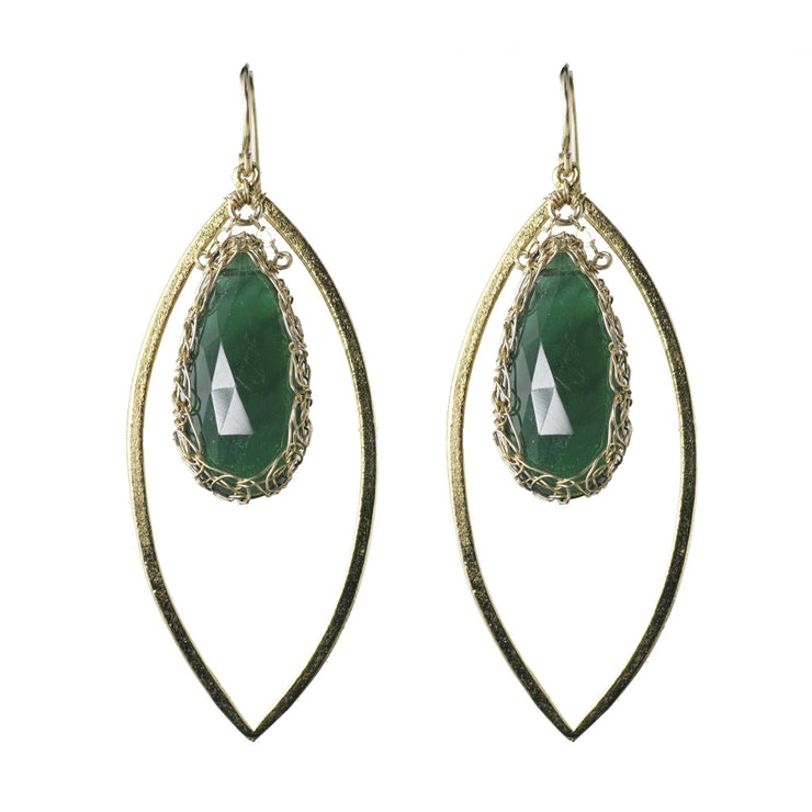 Green Onyx Long Gemstone Marquise Earrings in Gold