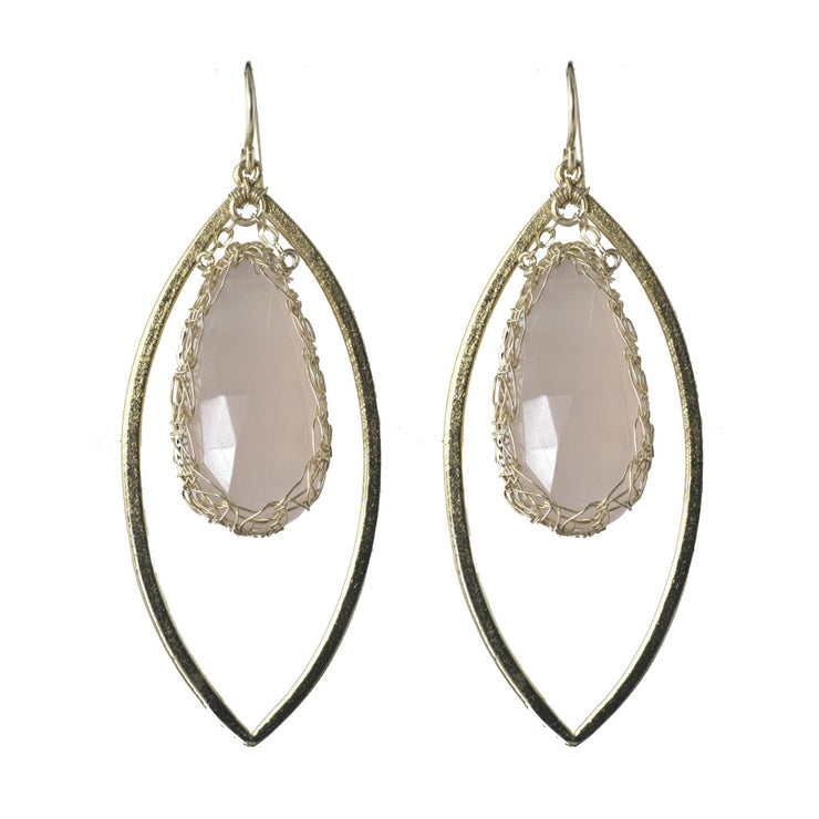 Pink Chalcedony Long Gemstone Marquise Earrings in Gold