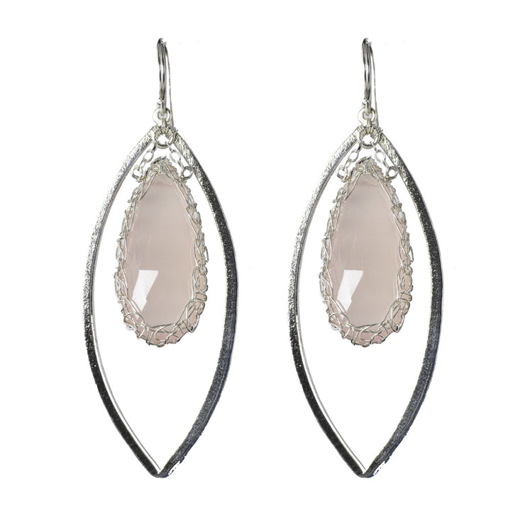 Pink Chalcedony Long Gemstone Marquise Earrings in Silver