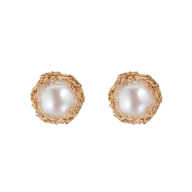 Small Ivory Pearl Post Earrings Gold