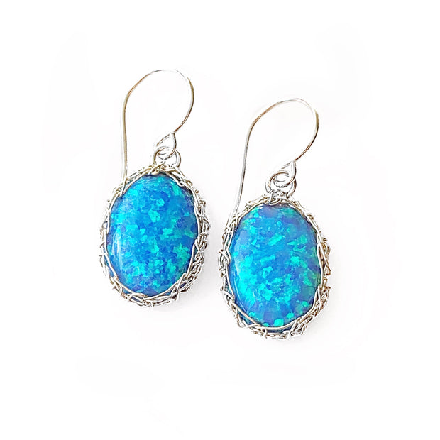Sea Opal Oval Dangle Earrings in Silver