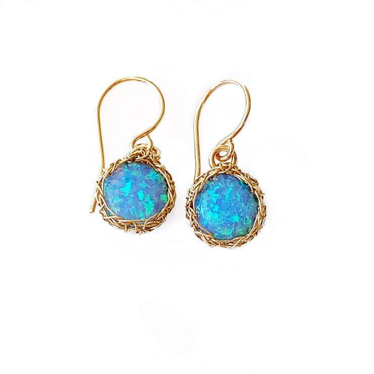 Sea Opal Round Dangle Earrings in Gold