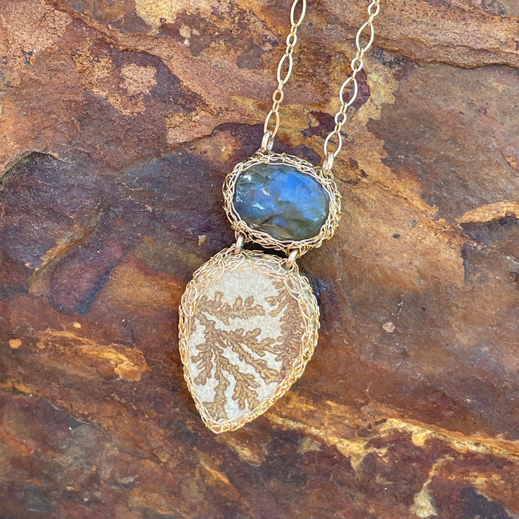 Labradorite & Dendritic Limestone Necklace in Gold