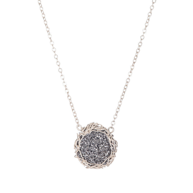 Dusty Black Small Round Druzy Necklace in Silver