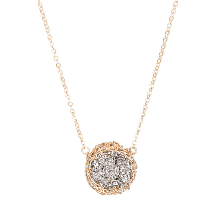 Titanium Small Round Druzy Necklace in Gold