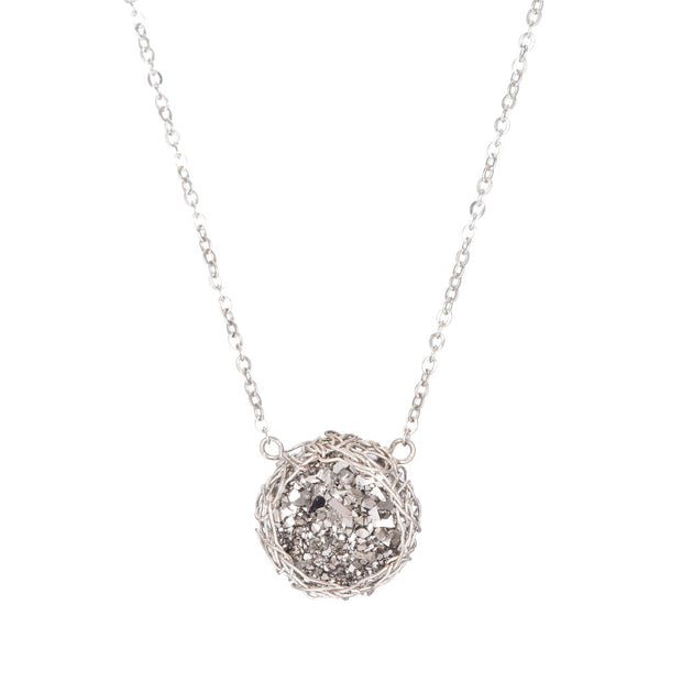 Titanium Small Round Druzy Necklace in Silver