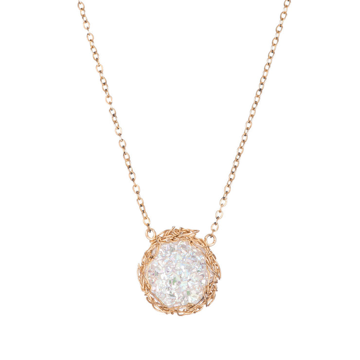 White Small Round Druzy Necklace in Gold
