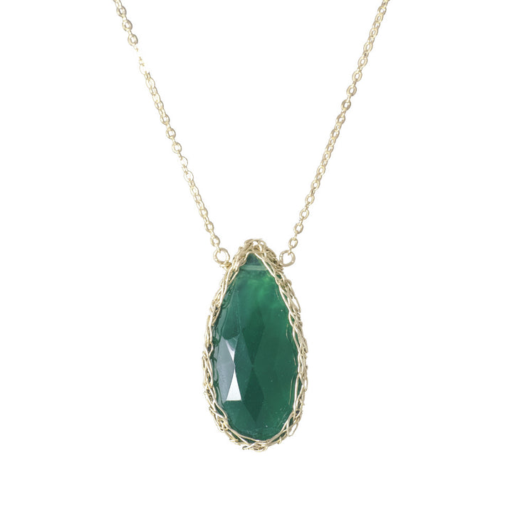 Green Onyx Long Teardrop Necklace in Gold